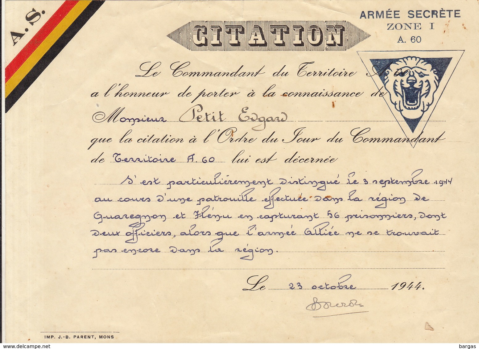 Militaria - Diplôme Citation Armée Secrète - Dokumente