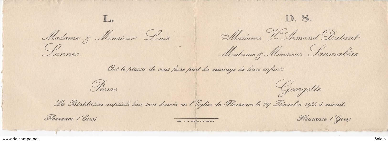 893   Faire Part De Mariage 29 Décembre 1935 Minuit LANNES DUTAUT SAUMABERE  à Fleurance 32 Gers - Huwelijksaankondigingen