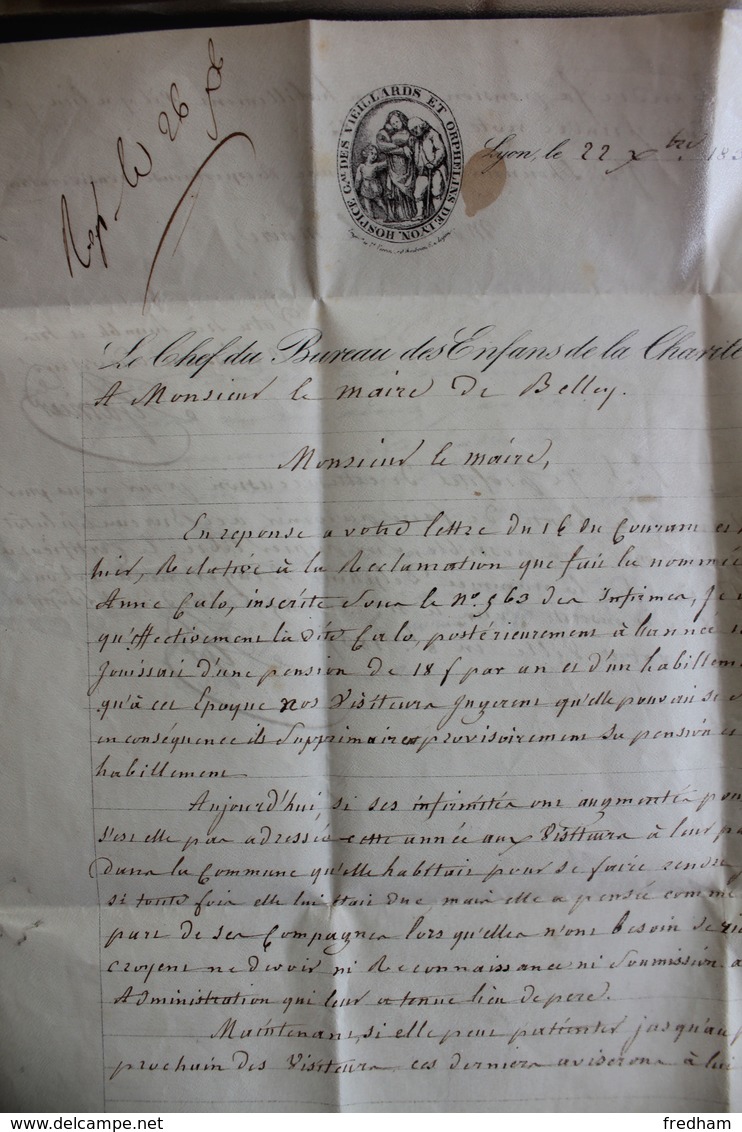 1838 LYON CAD TYPE 14 DU 24 DEC 1838 POUR LE MAIRE DE BELLEY(AIN) DOUBLE MARQUE ROUGEP.P. CAD ARRIVEE.. - 1801-1848: Précurseurs XIX