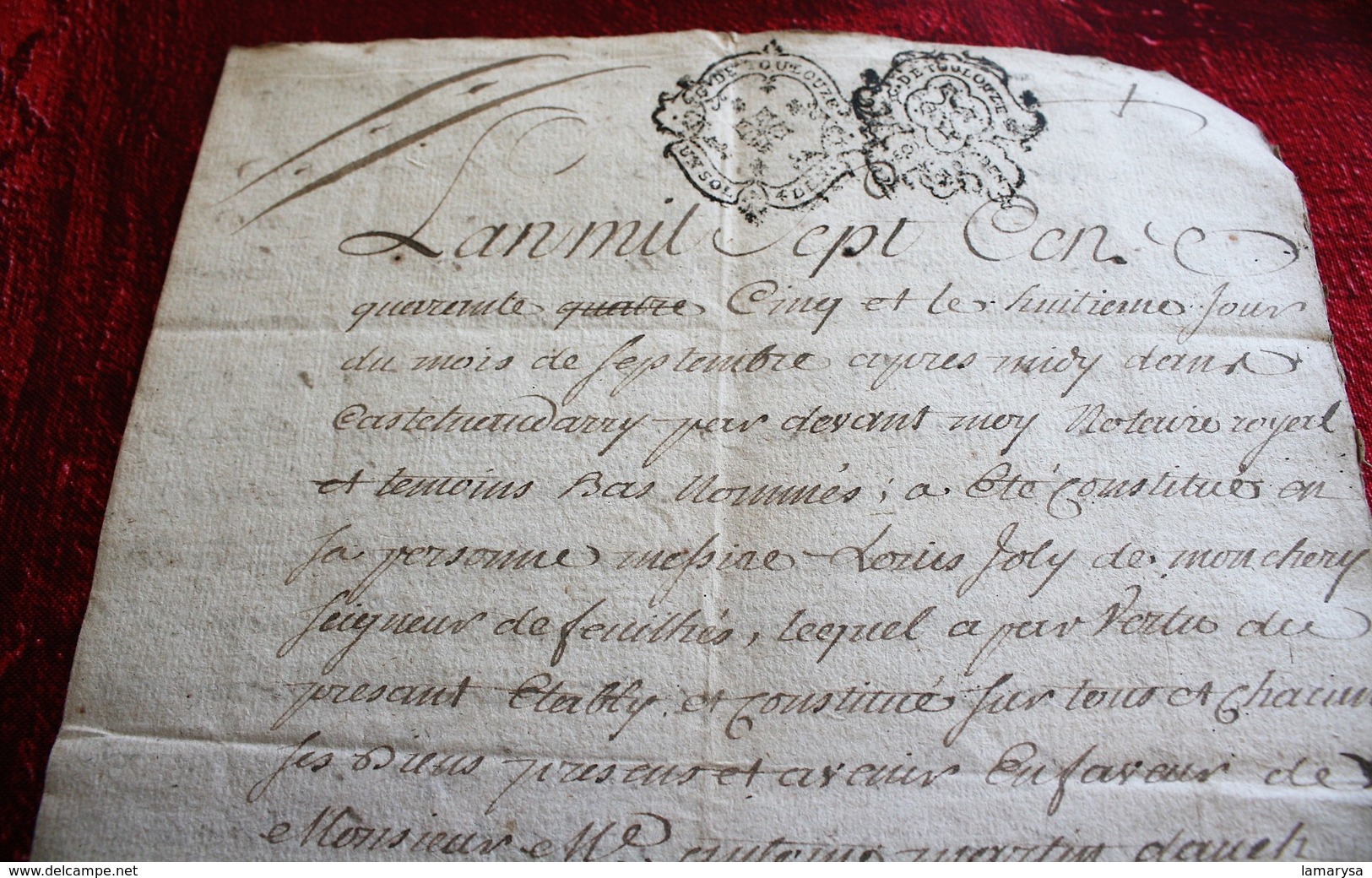 1745 MANUSCRIT DE CASTELNAUDARY CACHETS DE TOULOUSE CONSTITUTION DE RENTE SIGNÉE LURBIN-LOUIS JOLY DE MONCHERY - Manuscrits