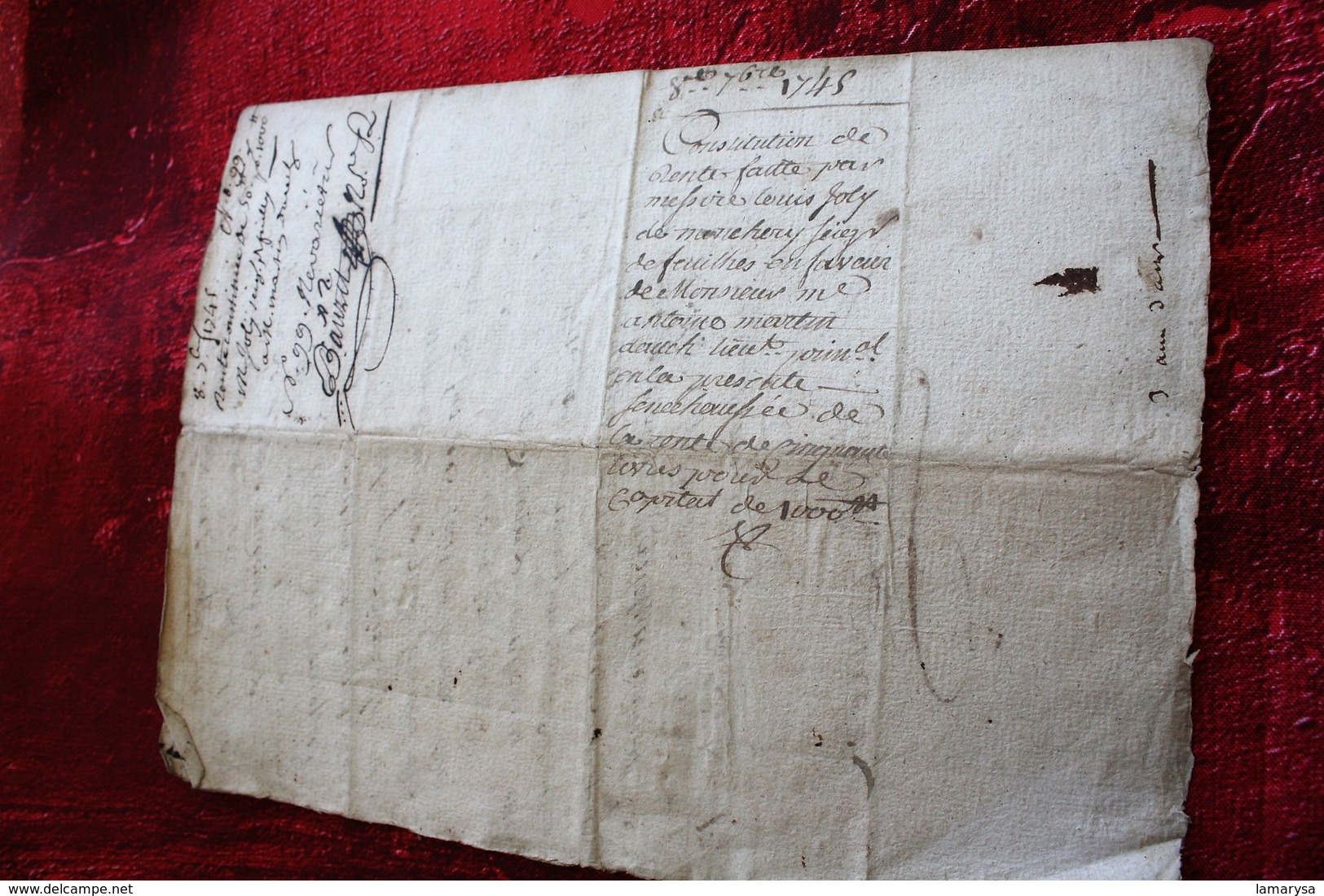 1745 MANUSCRIT DE CASTELNAUDARY CACHETS DE TOULOUSE CONSTITUTION DE RENTE SIGNÉE LURBIN-LOUIS JOLY DE MONCHERY