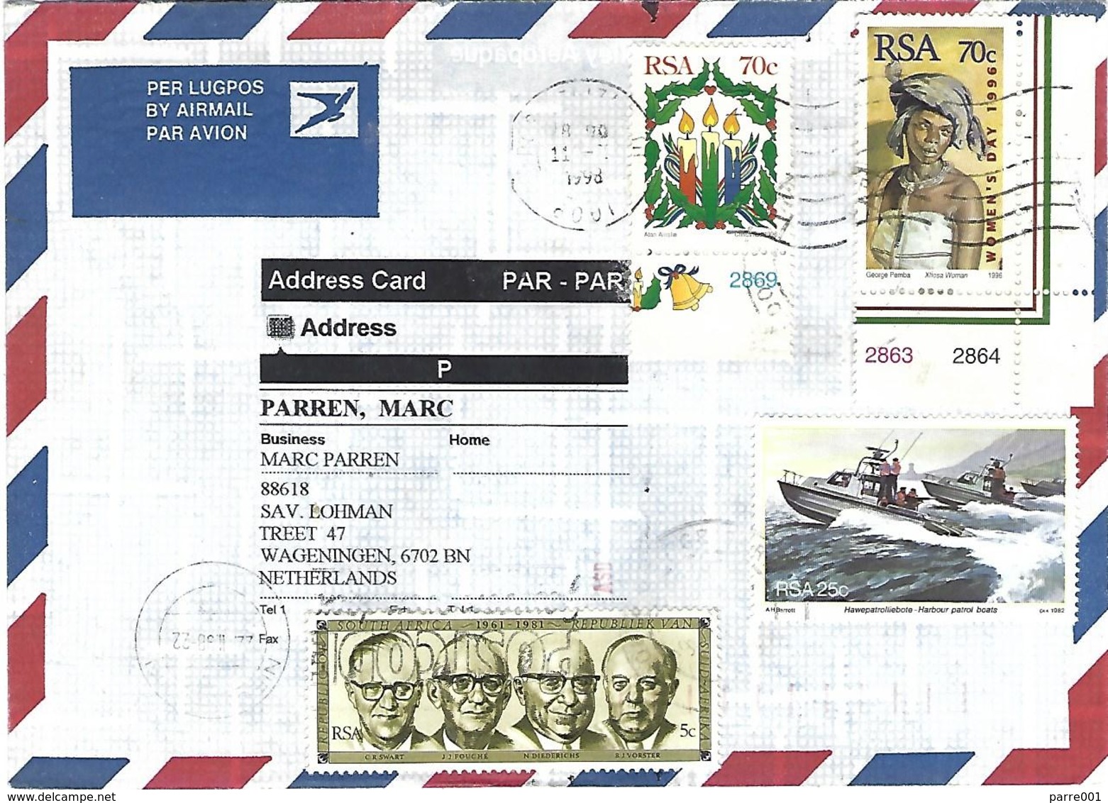 RSA South Africa 1998 Port Elizabeth Patrol Boat Xhosa Woman Presidents Cover - Brieven En Documenten