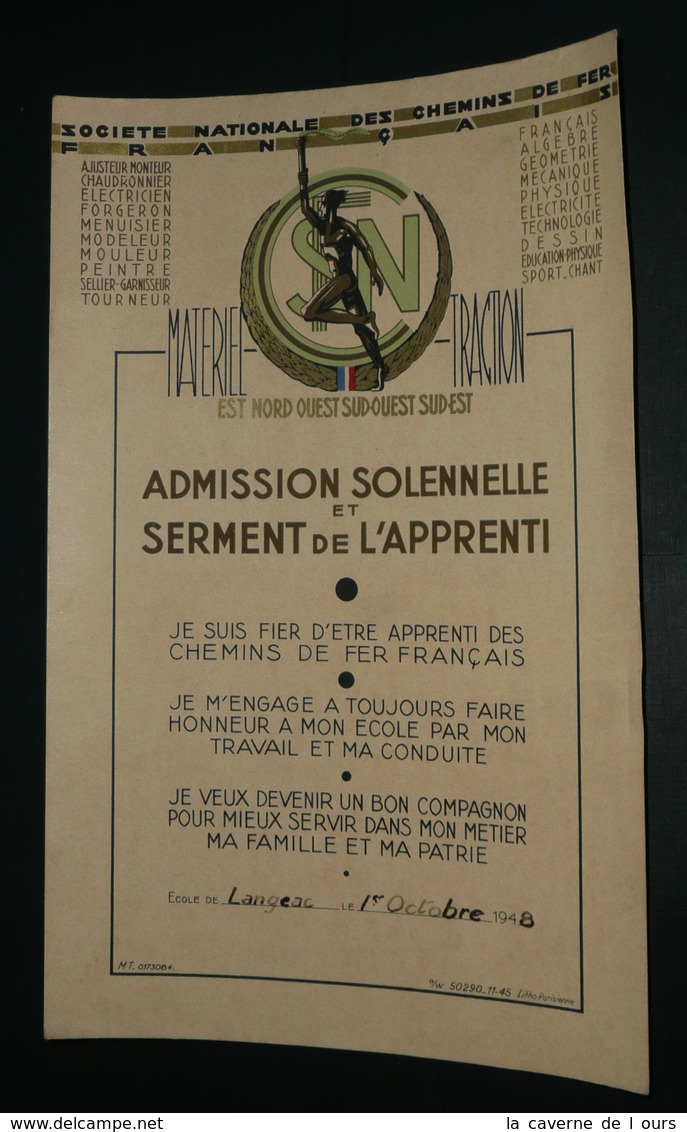 Rare Ancien Diplôme Certificat Admission Solennelle Et Serment De L'Apprenti SNCF Matériel Traction 1948 Langeac - Diploma's En Schoolrapporten