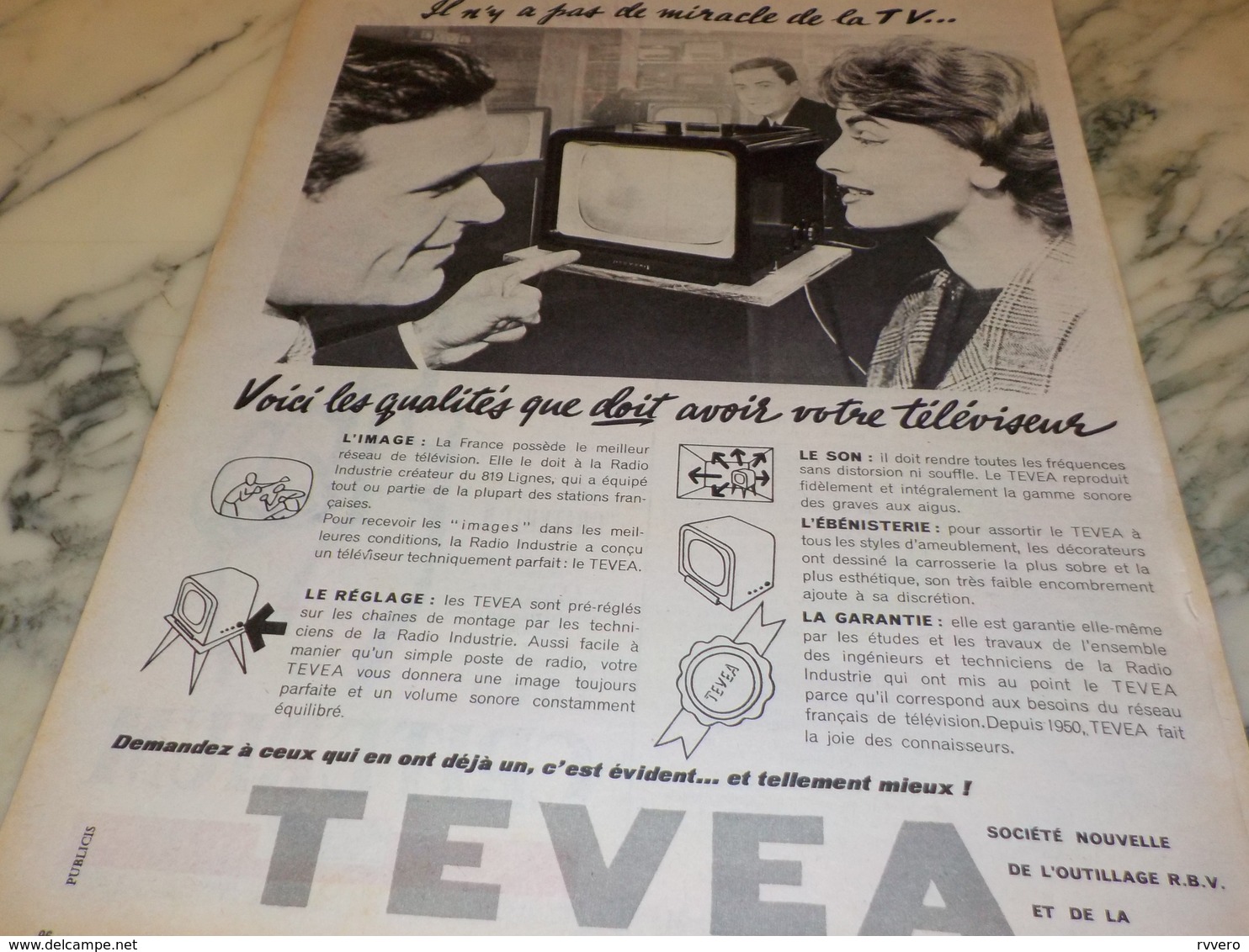 ANCIENNE PUBLICITE QUALITE TELEVISION TEVEA  1956 - Televisión