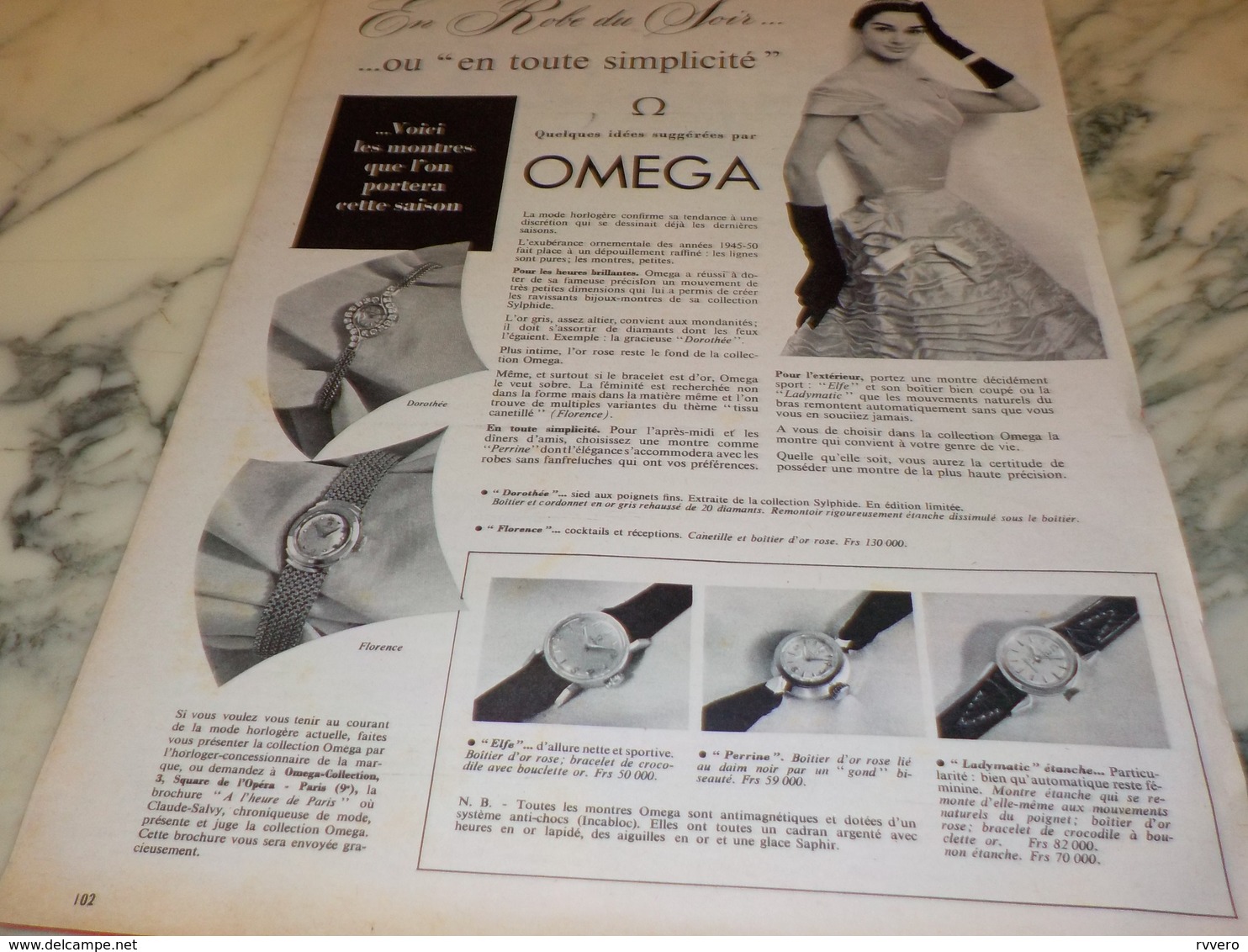 ANCIENNE PUBLICITE EN ROBE DU SOIR  OMEGA 1956 - Autres & Non Classés