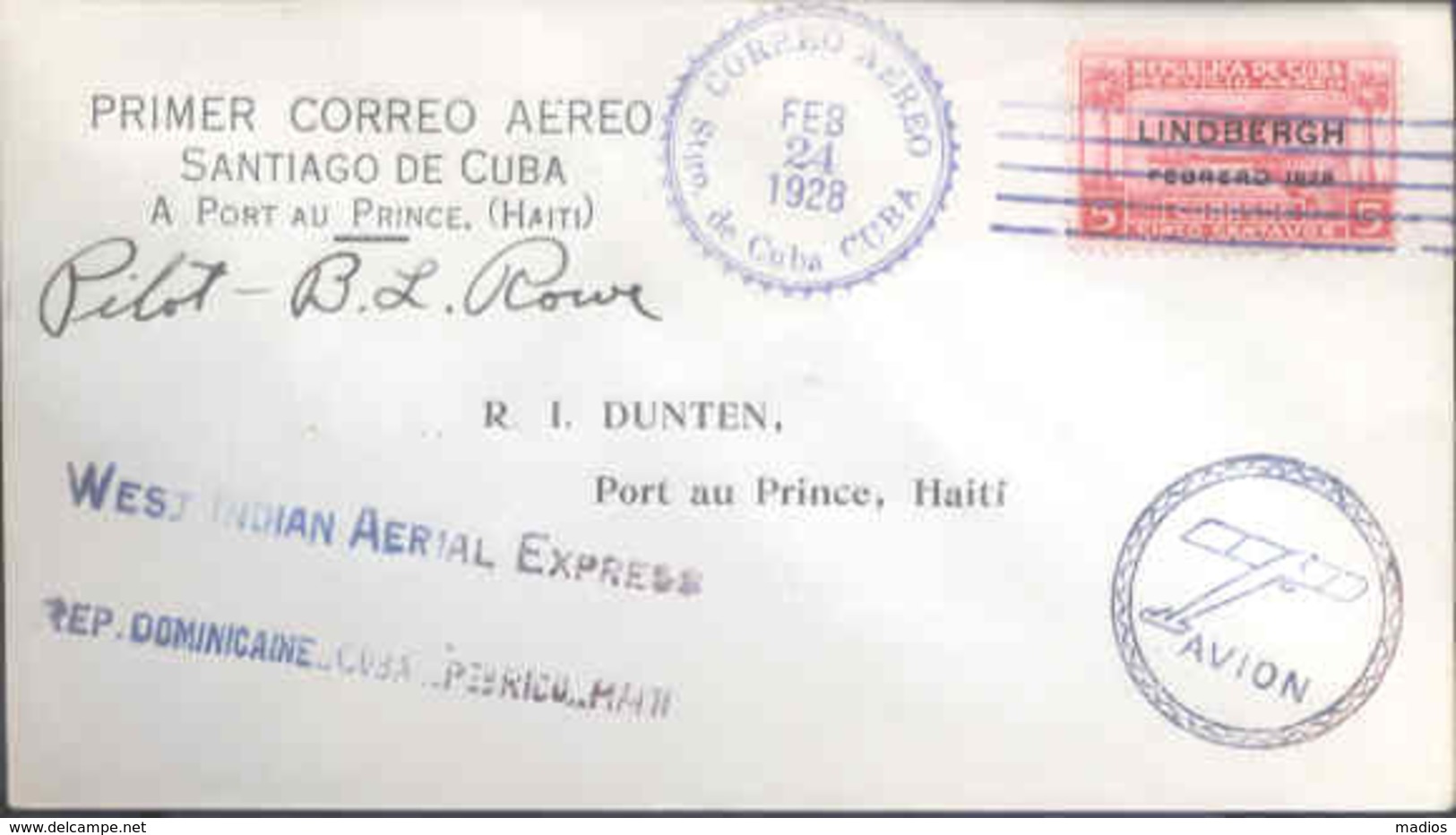 39341   - FFC, Edif # E6a Santiago De Cuba - Pot Au Prince, Haiti. Feb 2, 1928 Signed By Rowe.$150 - Poste Aérienne