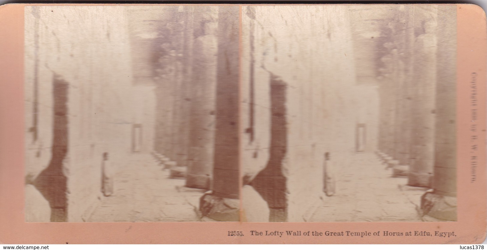 STEREO PHOTO  KILBURN YEAR 1898 / EGYPT / EDFU / THE LOFTY WALL OF THE GREAT TEMPLE OF HORUS - Edfou