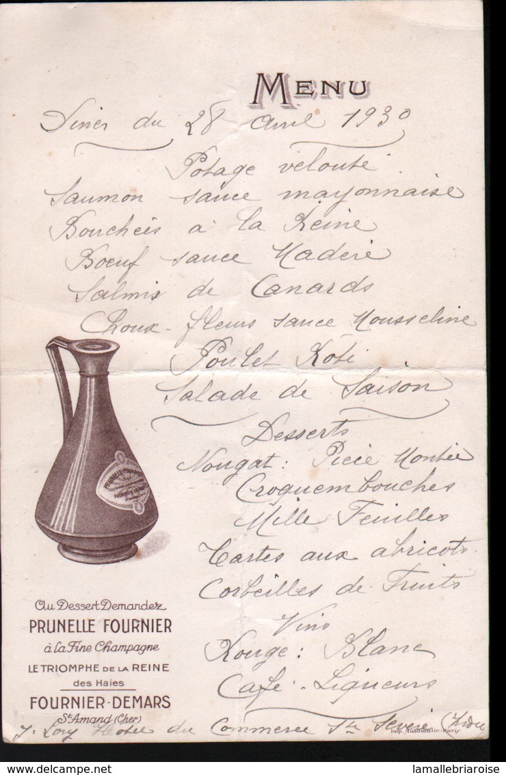 Menu Publicitaire, Prunelle Fournier-Demars Du 28 Avril 1930 - Menükarten