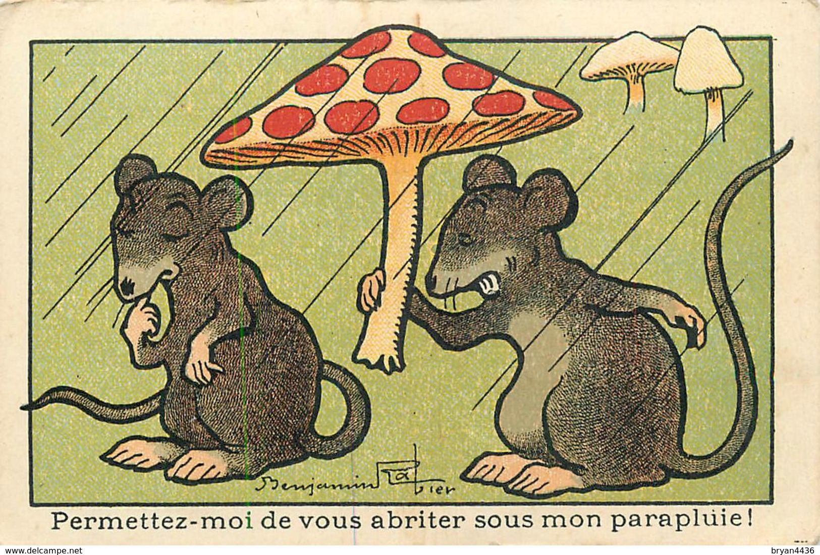 BENJAMIN RABIER ILLUSTRATEUR - "PERMETTEZ MOI DE VOUS ABRITER SOUS MON PARAPLUIE" - CHROMO ANCIEN - Format (7 X 10,5 Cm) - Rabier, B.