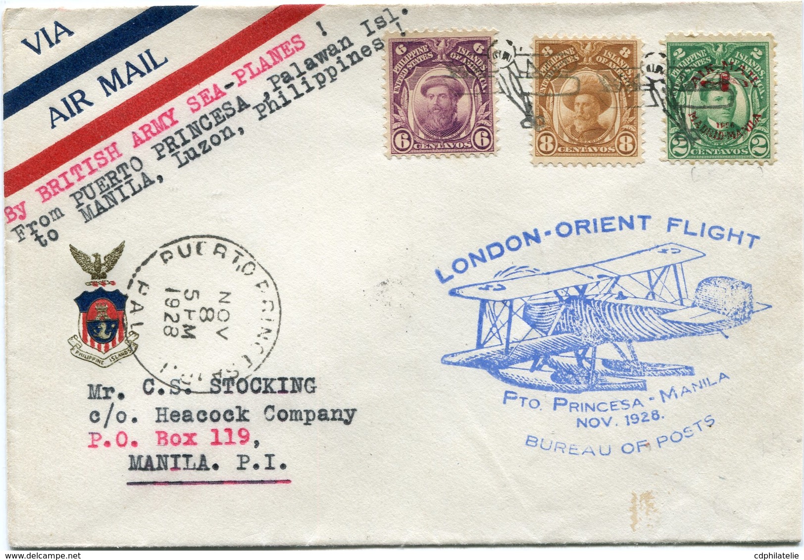 PHILIPPINES LETTRE VIA AIR MAIL AVEC CACHET ILLUSTRE " LONDON-ORIENT FLIGHT Pto PRINCESA - MANILA NOV. 1928 BUREAU OF.." - Philippinen