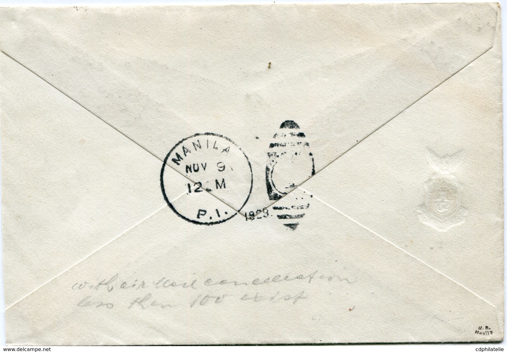 PHILIPPINES LETTRE VIA AIR MAIL AVEC CACHET ILLUSTRE " LONDON-ORIENT FLIGHT Pto PRINCESA - MANILA NOV. 1928 BUREAU OF.." - Philippinen