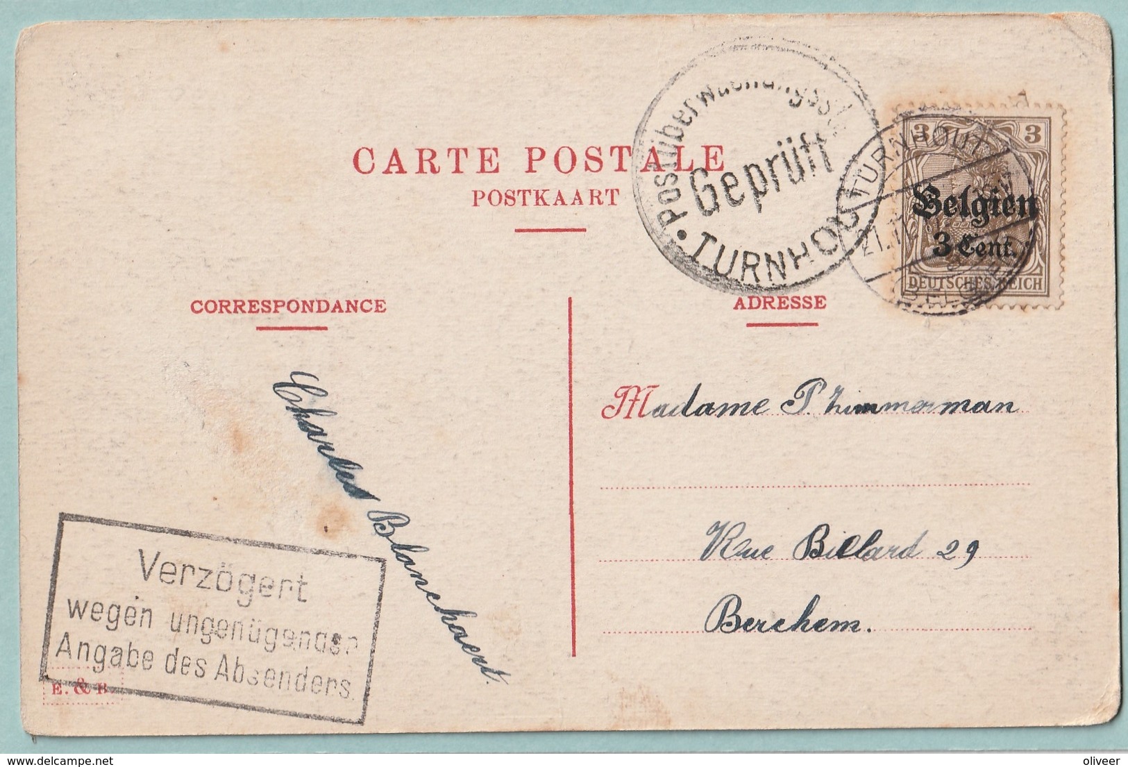 Postkaart Van TURNHOUT Naar Berchem 1917 - Censuurstempel En Duitse Stempel VERZÖGERT....... - Autres & Non Classés