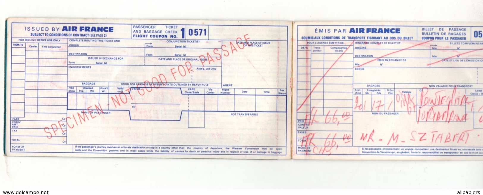 Billet De Passage Et Bulletin De Bagages Aéroport Du Raizet Redevance Passagers Martinique Air France De 1966 - Europe