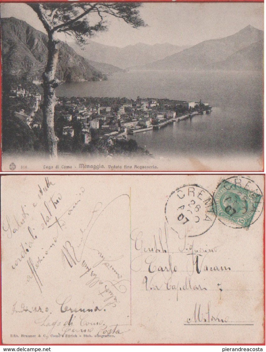 Menaggio (CO). Veduto Fino Acquaseria. Viaggiata 1907 - Altri & Non Classificati