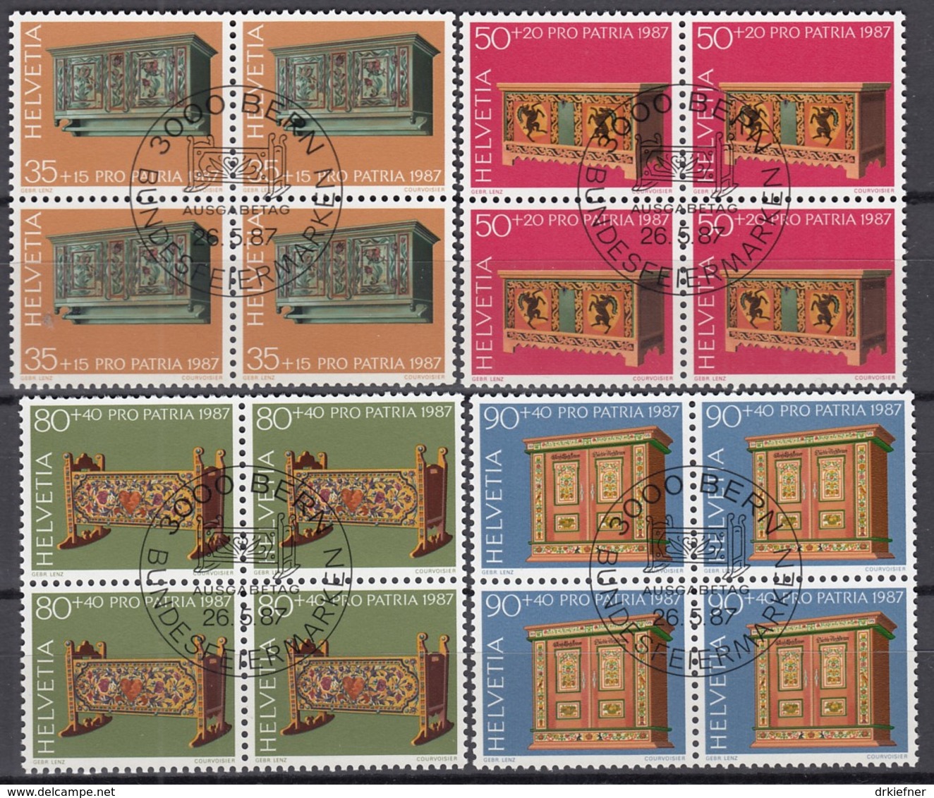 SCHWEIZ 1345- 1348 4erBlock, Gestempelt, Pro Patria: Bauernmöbel 1987 - Oblitérés