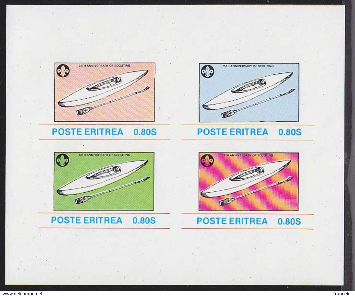 ERITREA (1953) Kayak With Paddle. Imperforate Minisheet Of 4. 75th Anniversary Of Scouting. Unlisted In Scott - Eritrea