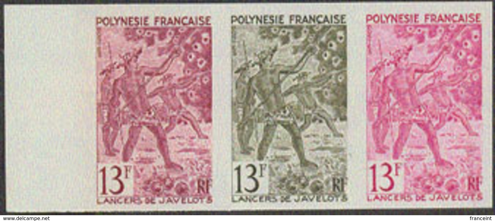 FRENCH POLYNESIA (1967) Javelin Throwing. Trial Color Proof Strip Of 3. Scott No 229, Yvert No 48. - Imperforates, Proofs & Errors