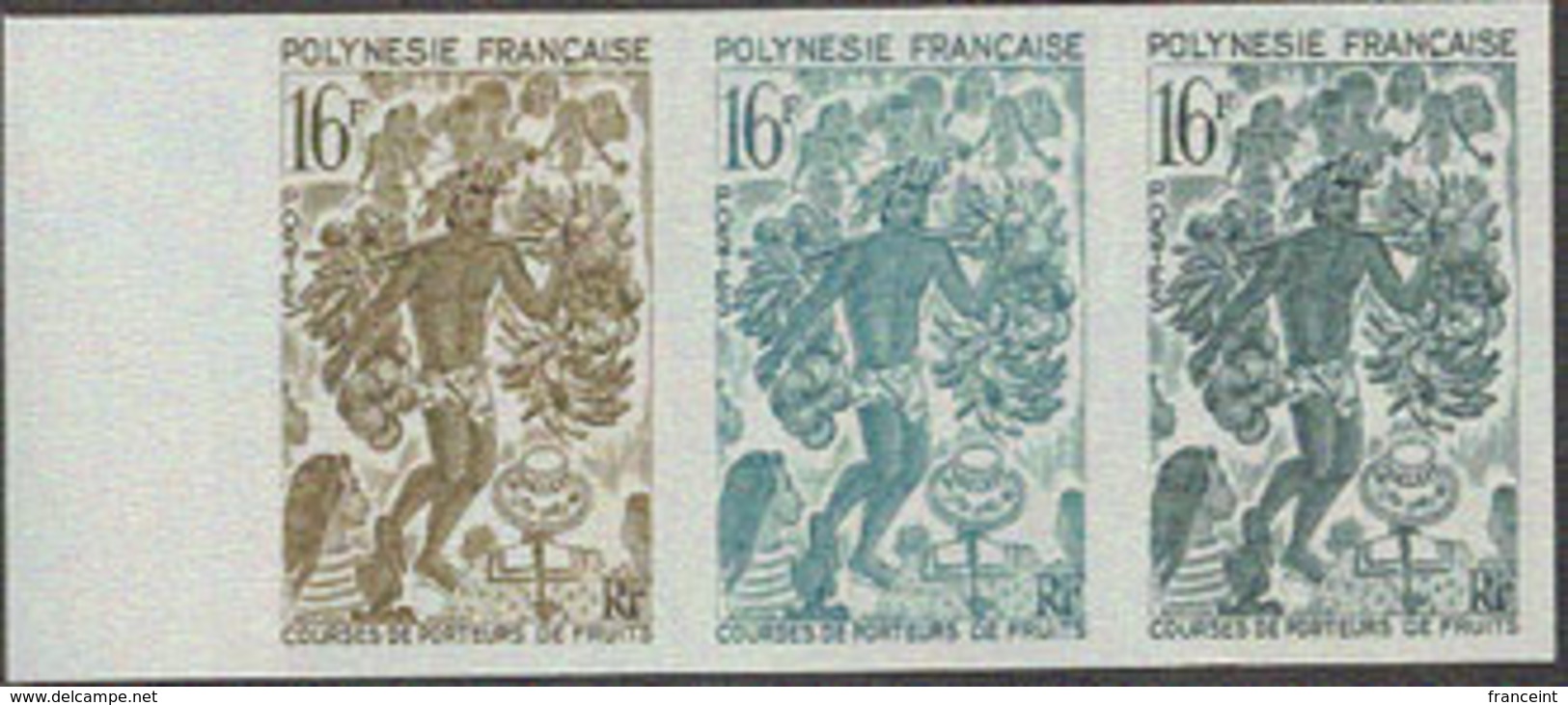 FRENCH POLYNESIA (1967) Fruit Carriers Race. Trial Color Proof Strip Of 3. Scott No 231, Yvert No 50. - Sin Dentar, Pruebas De Impresión Y Variedades