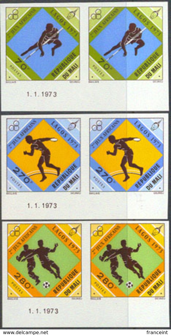 MALI (1973) High Jump. Discus. Soccer. Set Of 3 Imperforate Pairs. Scott Nos 199-201, Yvert Nos 201-3. - Mali (1959-...)