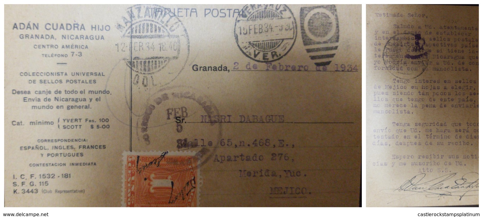 O) 1934 NICARAGUA, TAX ISSUE - CORREOS AT RIGHT - COMUNICACIONES  - RECONSTRUCCION -1c, COMERCIAL POSTCARD FRANKED ONLY - Nicaragua