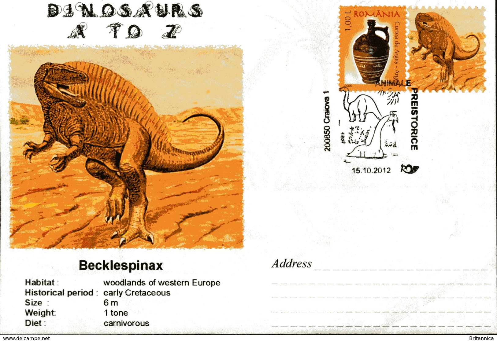 Entier Speciale, Roumanie, 2012, Animaux Prehistoriques, Dinosaurus A To Z, Becklespinax - Prehistorics