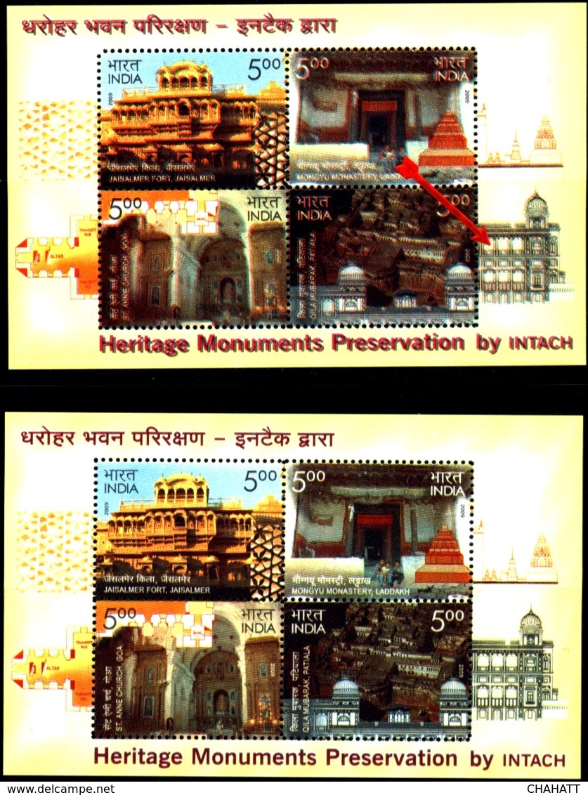 BUDDHISM- HERITAGE MONUMENTS PRESERVATION BY INTACH-MS- ERROR- COLOR SHIFTING-INDIA-2009-RARE- MNH-MSE-26 - Buddhism