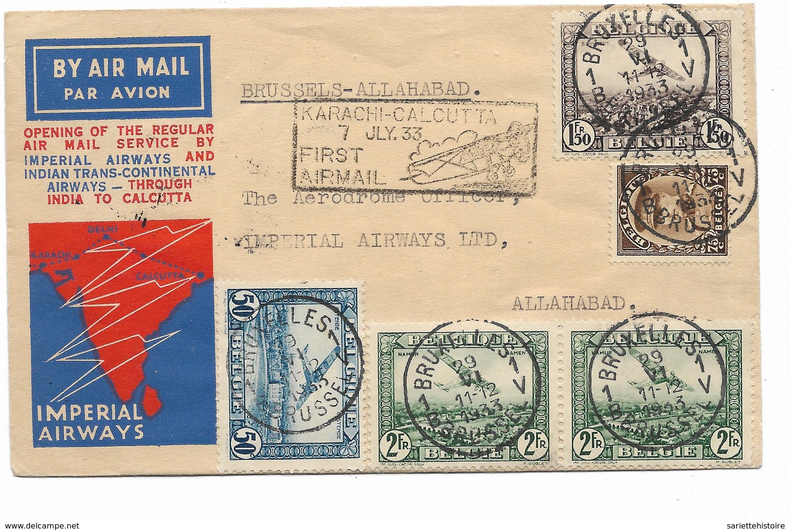 SH 0512. PA 1-2-3(2)-TP 341 BRUXELLES 1 - 29.VI.1933 S/L. Imperial Airways BRUSSELS-ALLAHABAD. Vdb 111. TB - Storia Postale