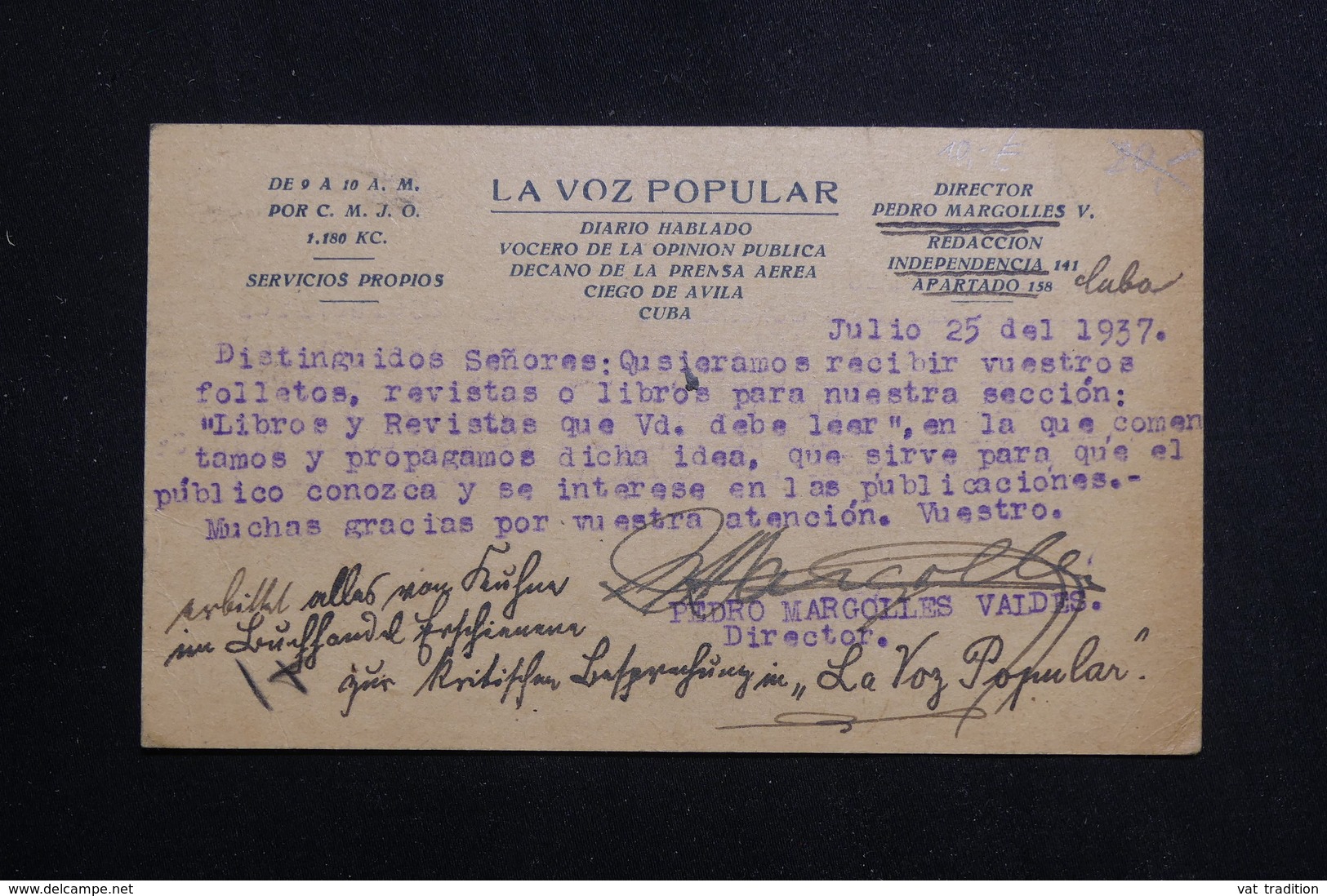 CUBA - Entier Postal Avec Repiquage Au Dos De Ciego De Ávila Pour L 'Allemagne En 1937 - L 61136 - Brieven En Documenten