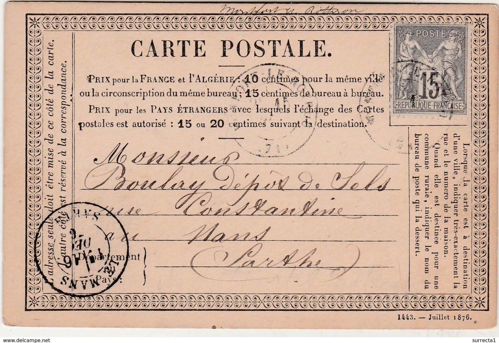 Carte Précurseur 1876 / Cachet Montfort Le Rotrou (Gesnois) 79 Sarthe / Commande Sels Gris à Boulay Le Mans /allumettes - Autres & Non Classés