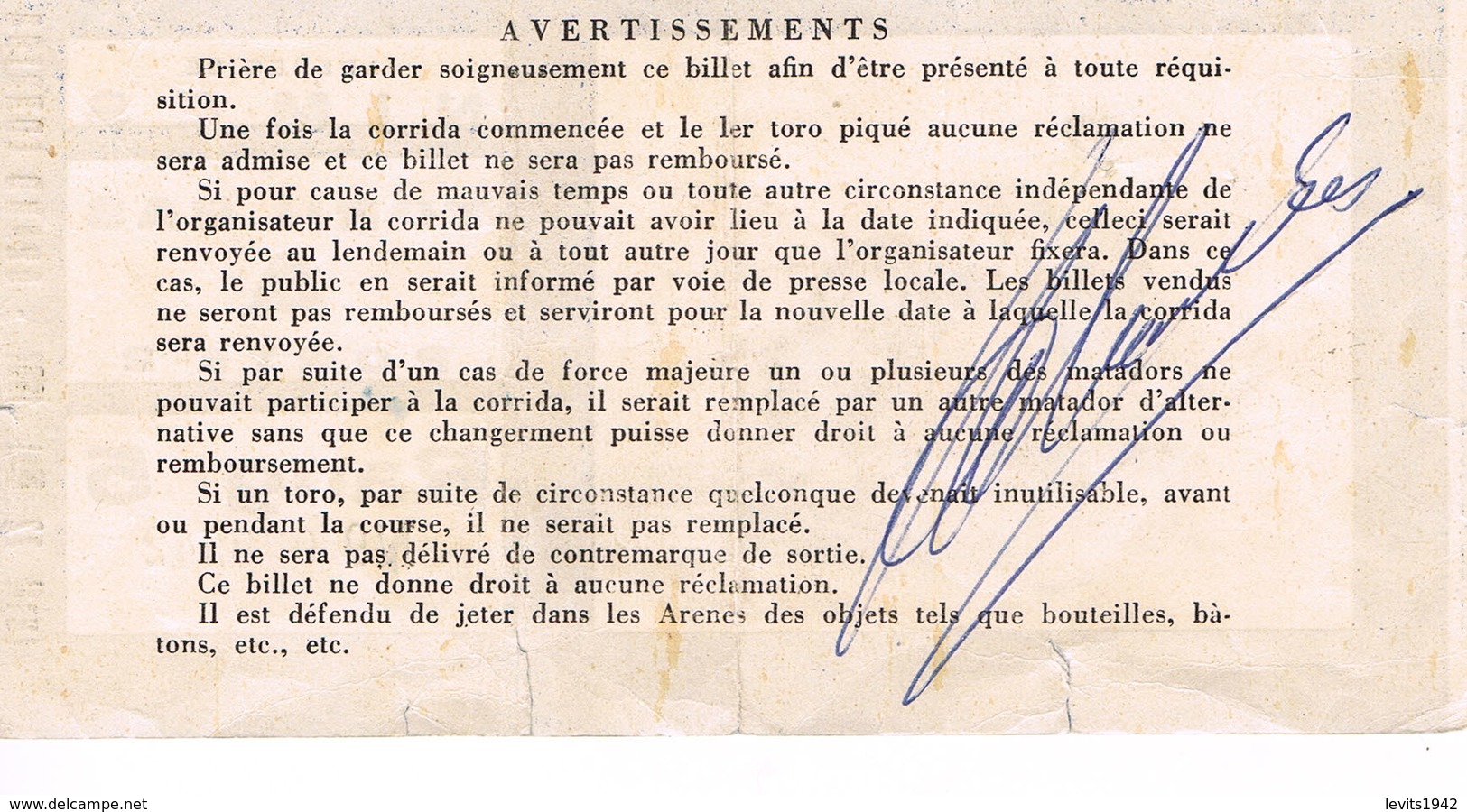 BILLET D'ENTREE - CORRIDA DE NIMES - ANNEES 1960 - AU DOS SIGNATURE EL CORDOBES ? - - Easter