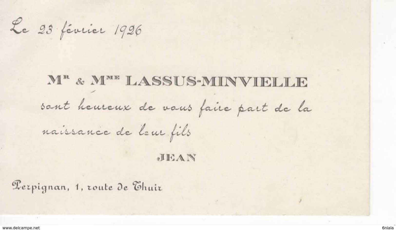 898   Faire Part Naissance 23 Février 1926 LASSUS MINVIELLE  JEAN    Perpignan 66 - Birth & Baptism