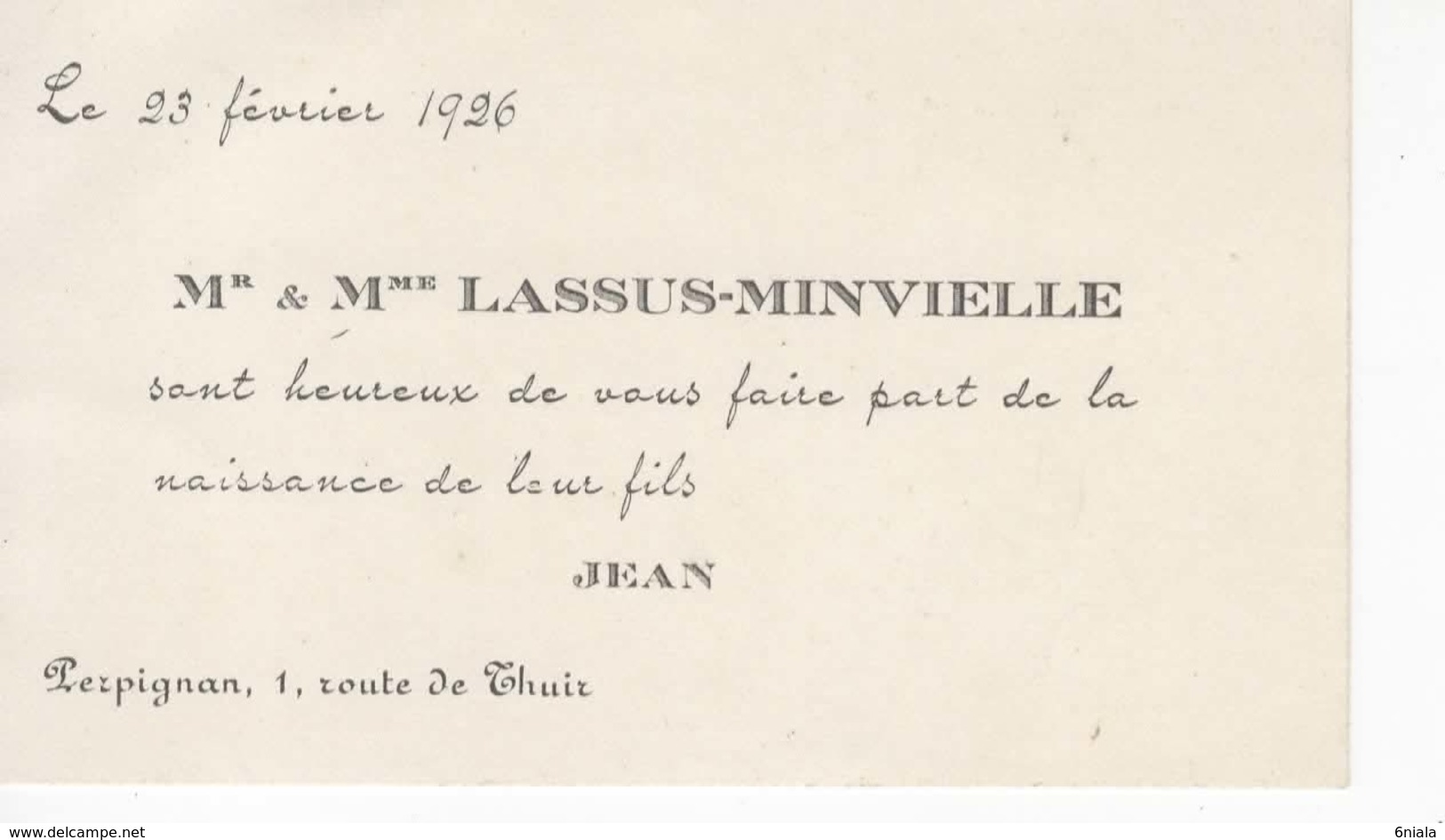 898   Faire Part Naissance 23 Février 1926 LASSUS MINVIELLE  JEAN    Perpignan 66 - Nacimiento & Bautizo