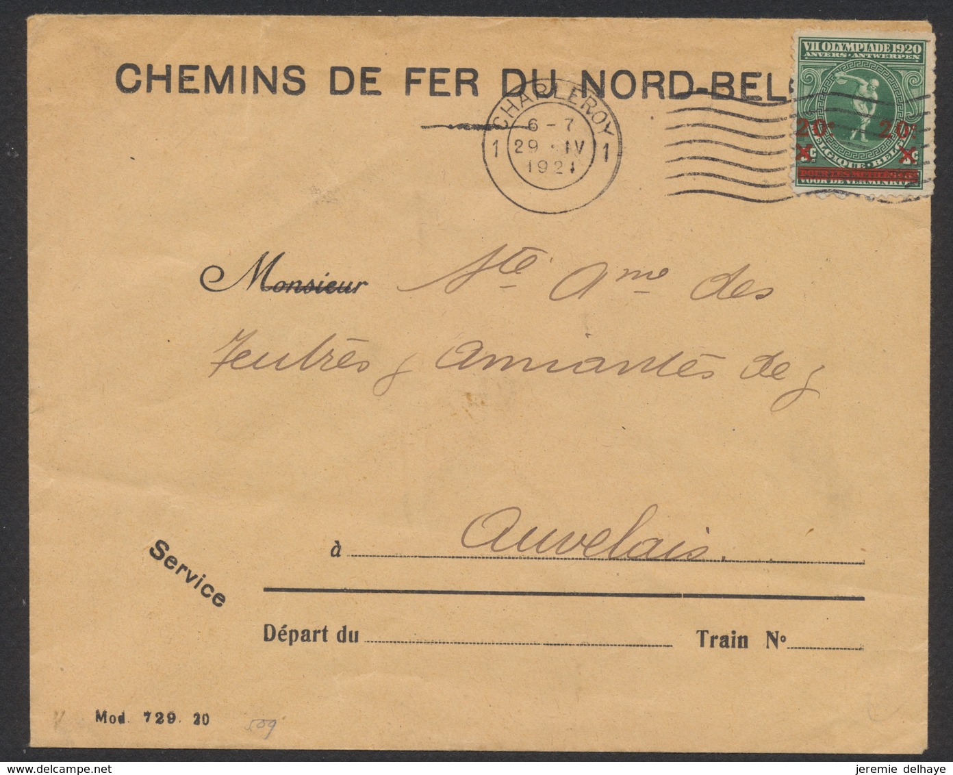 Lettre De Service "Chemins De Fer Du Nord-Belge" + N°184 Obl Mécanique "Charleroy" (1921) > Auvelais. TB - Cartas & Documentos