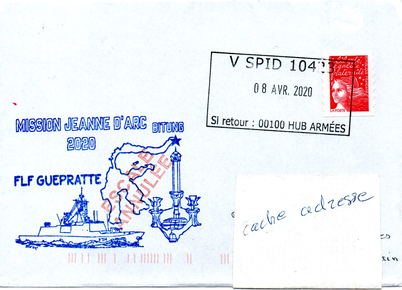 Frégate GUEPRATTE Mission Jeanne D'Arc 2020 Escale à Bitung (annulée) Cachet Vaguemestre Au Dos  Obl. V SPID 10423 08/04 - Naval Post