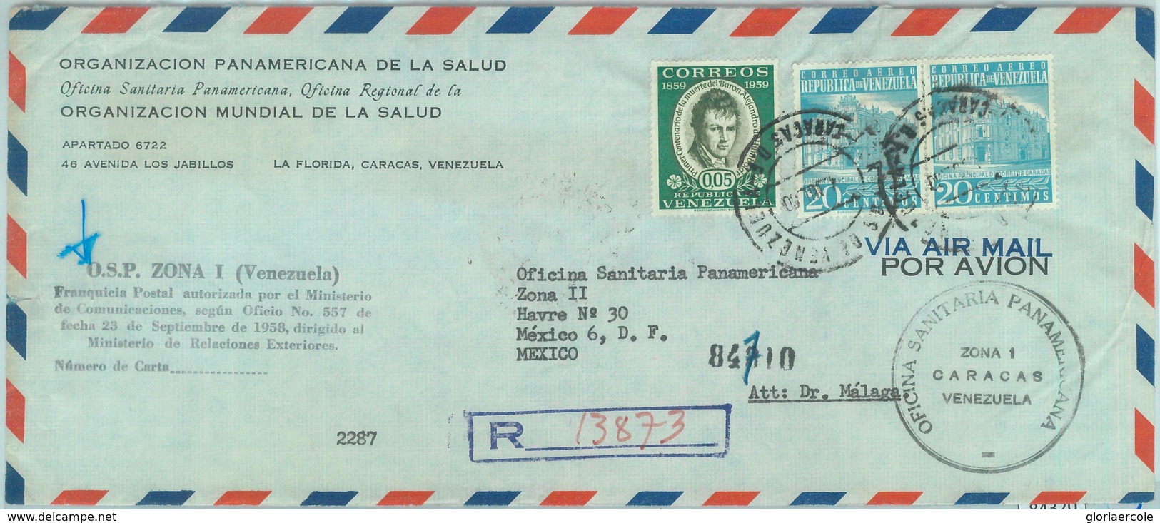 84319 -  VENEZUELA - POSTAL HISTORY - Registered  AIRMAIL COVER To MEXICO 1960 O.S.P. Zona 1 - Venezuela