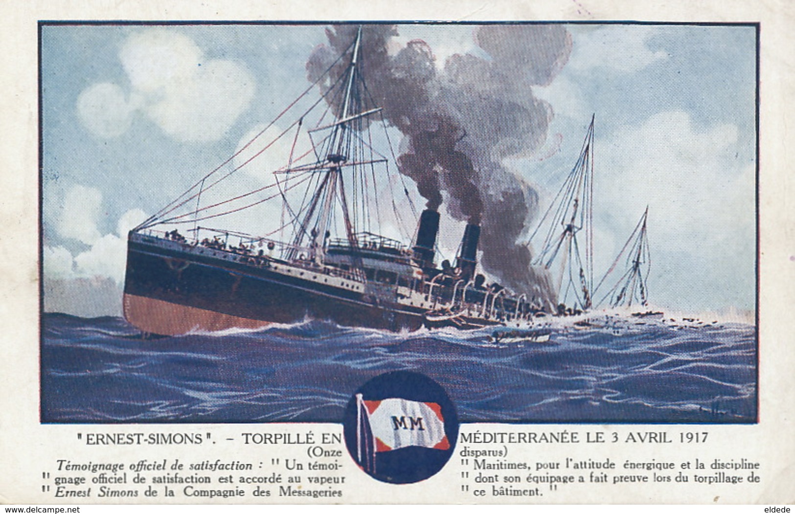 Art Card Ship Postal Service  " Ernest Simons " Messageries Maritimes Born In Diekirch . Sunk April 3, 1917. Sandy Hook - Diekirch