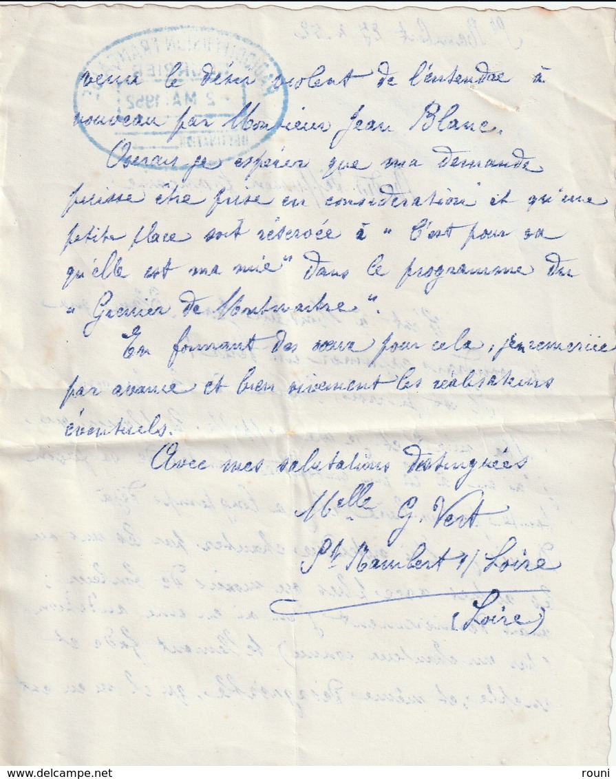 Lettre Du 27 Avril 1952 - Cachet De Réception RADIODIFFUSION FRANCAISE Du 2 Mai 1952 - Seals Of Generality