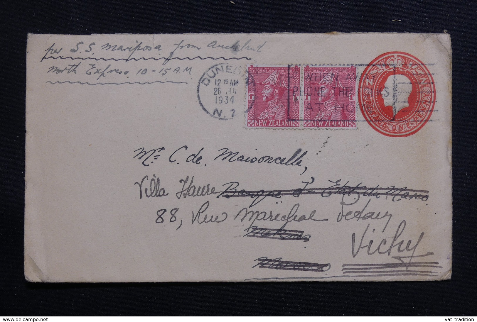 NOUVELLE ZÉLANDE - Entier Postal + Compléments De Dunedin Pour La France En 1934 Par Bateau " S/S Mariposa " - L 61273 - Ganzsachen