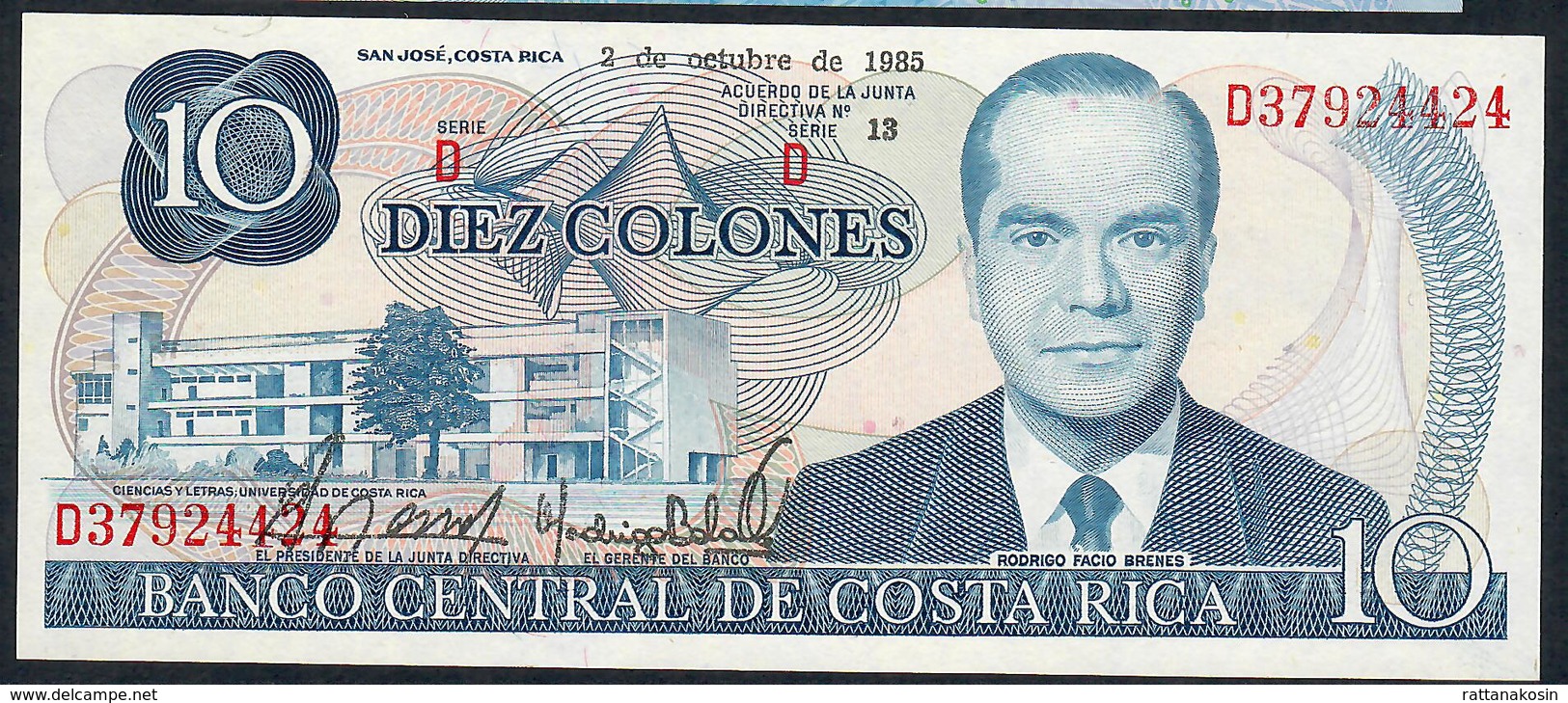 COSTA RICA P237b 10 COLONES 2.10.1985 Serie D UNC. - Costa Rica