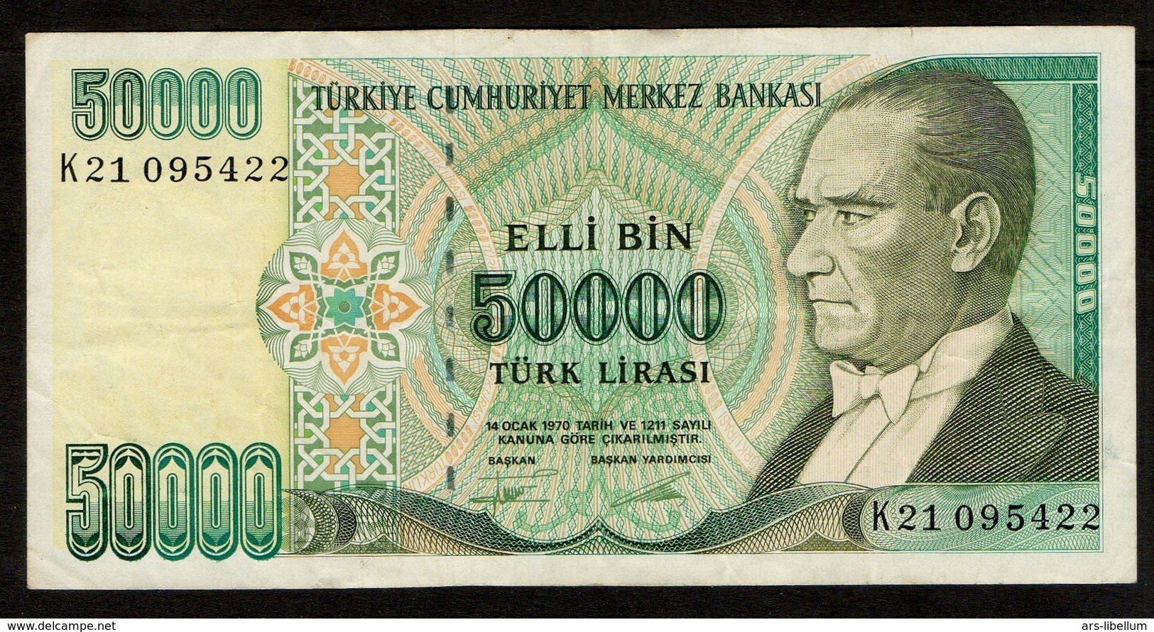 Turkije / Turkey / 50 000 Lira / Banknote 1970 (1989) / ATATÜRK / Elli Bin / Türk Lirasi / K21 095422 / 2 Scans - Turkije