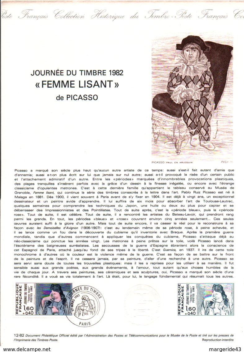 DOCUMENT 1982 JOURNEE DU TIMBRE PICASSO - Documents Of Postal Services