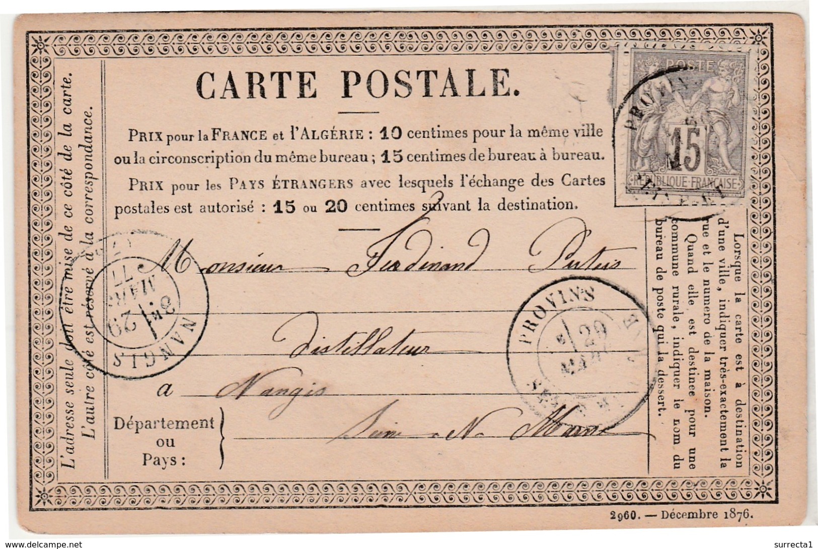 Carte Précurseur 1877 / Cachet De Provins Et Nangis 77 / Seine Et Marne / Exp Grenier Café De L'Est à Provins - Cartes Précurseurs