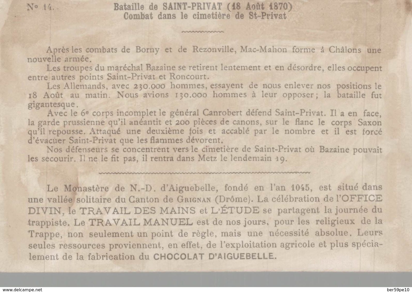 CHROMO CHOCOLAT D'AIGUEBELLE BATAILLE DE SAINT-PRIVAT COMBAT DANS LE CIMETIERE DE SAINT-PRIVAT - Côte D'Or