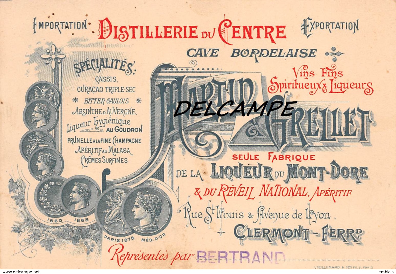 63 - CLERMONT-FERRAND - MARTIN & GRELLET Distillerie Du Centre Fabrique De La Liqueur Du Mont-Doré... - Visiting Cards