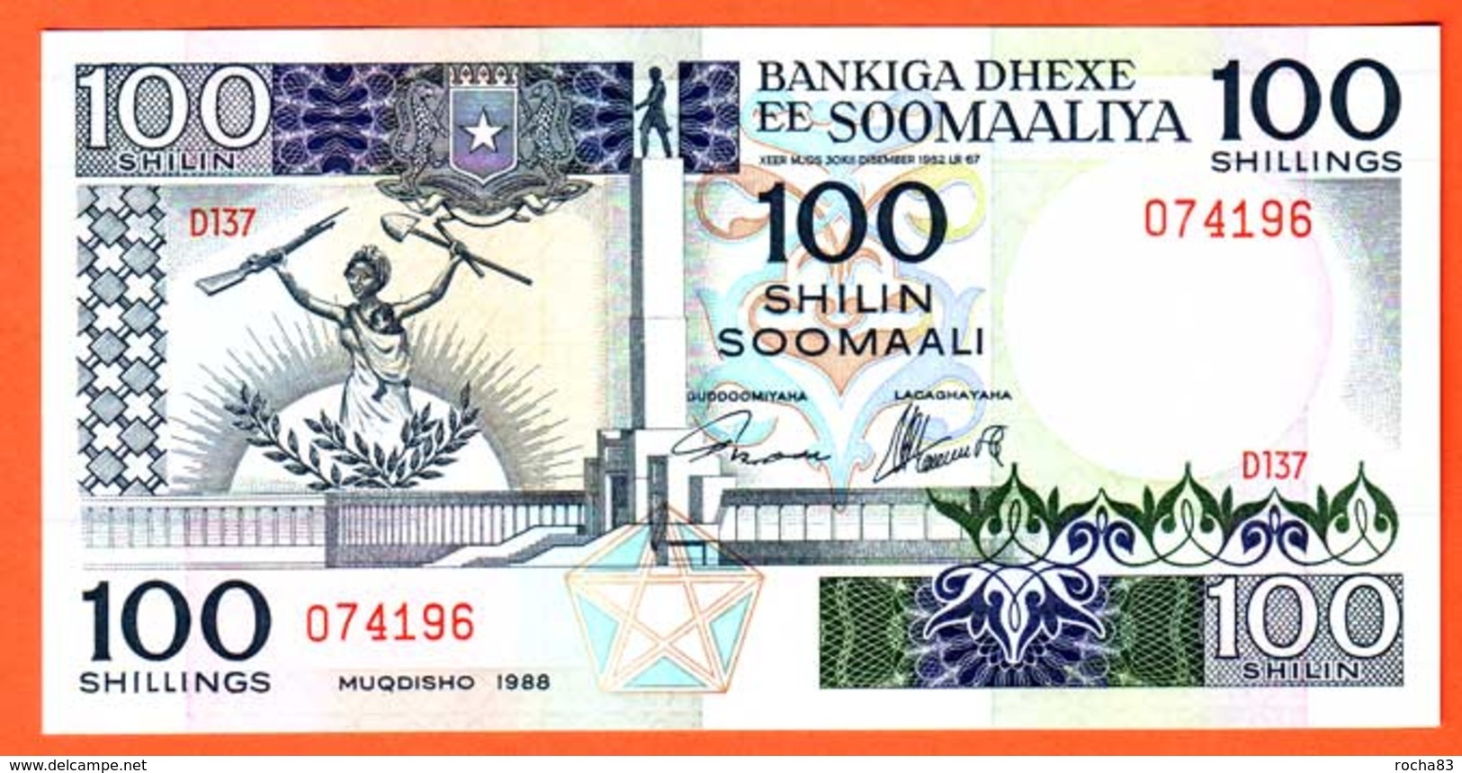 SOMALIE  Billet  100 Shilin  ( 1988 ) Pick 35c  UNC - Somalia