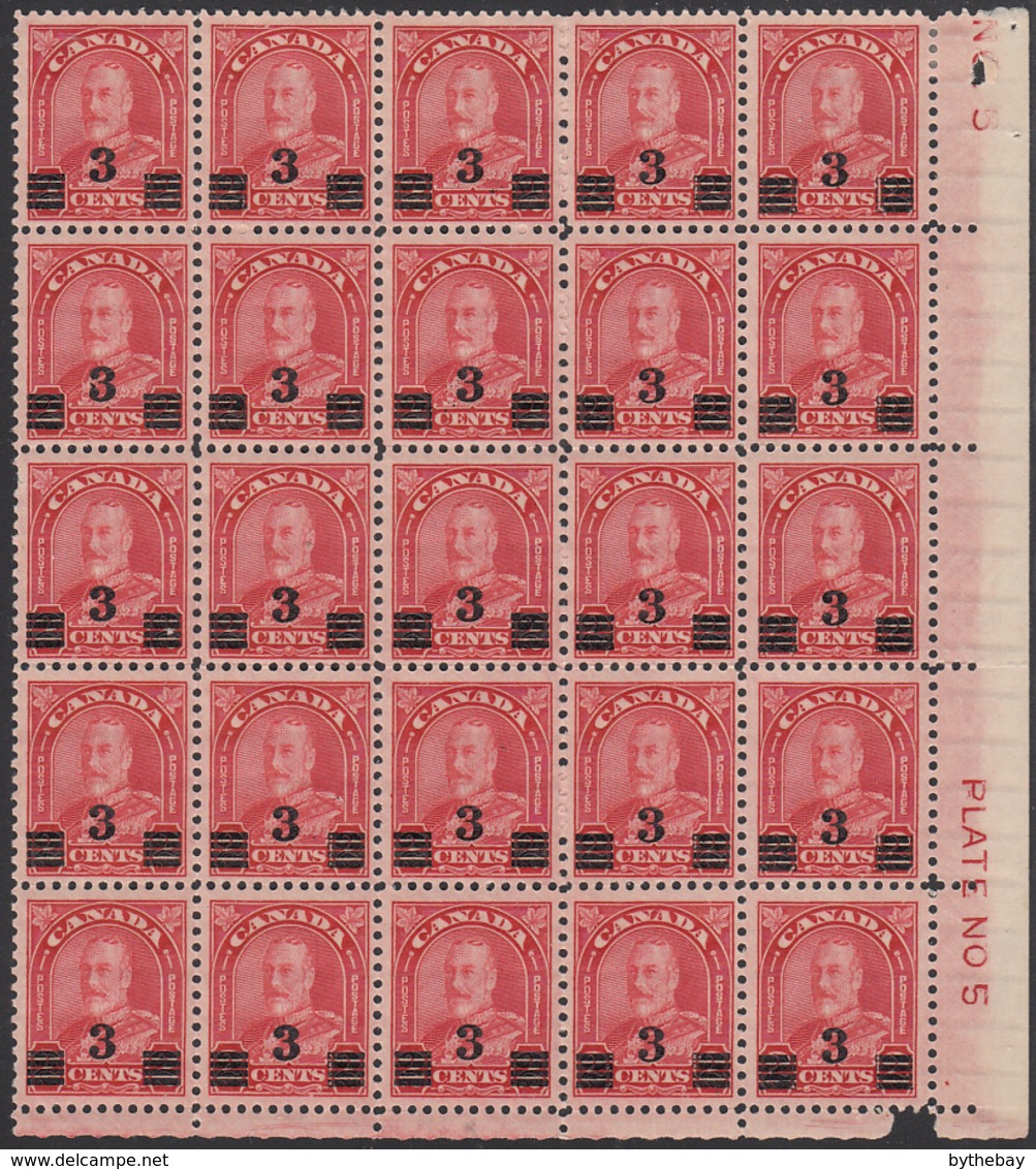 Canada 1932 Mint Sc #191a 3c George V Arch/Leaf Provisional Die I Plate 5 Block Of 25 Variety - Números De Planchas & Inscripciones