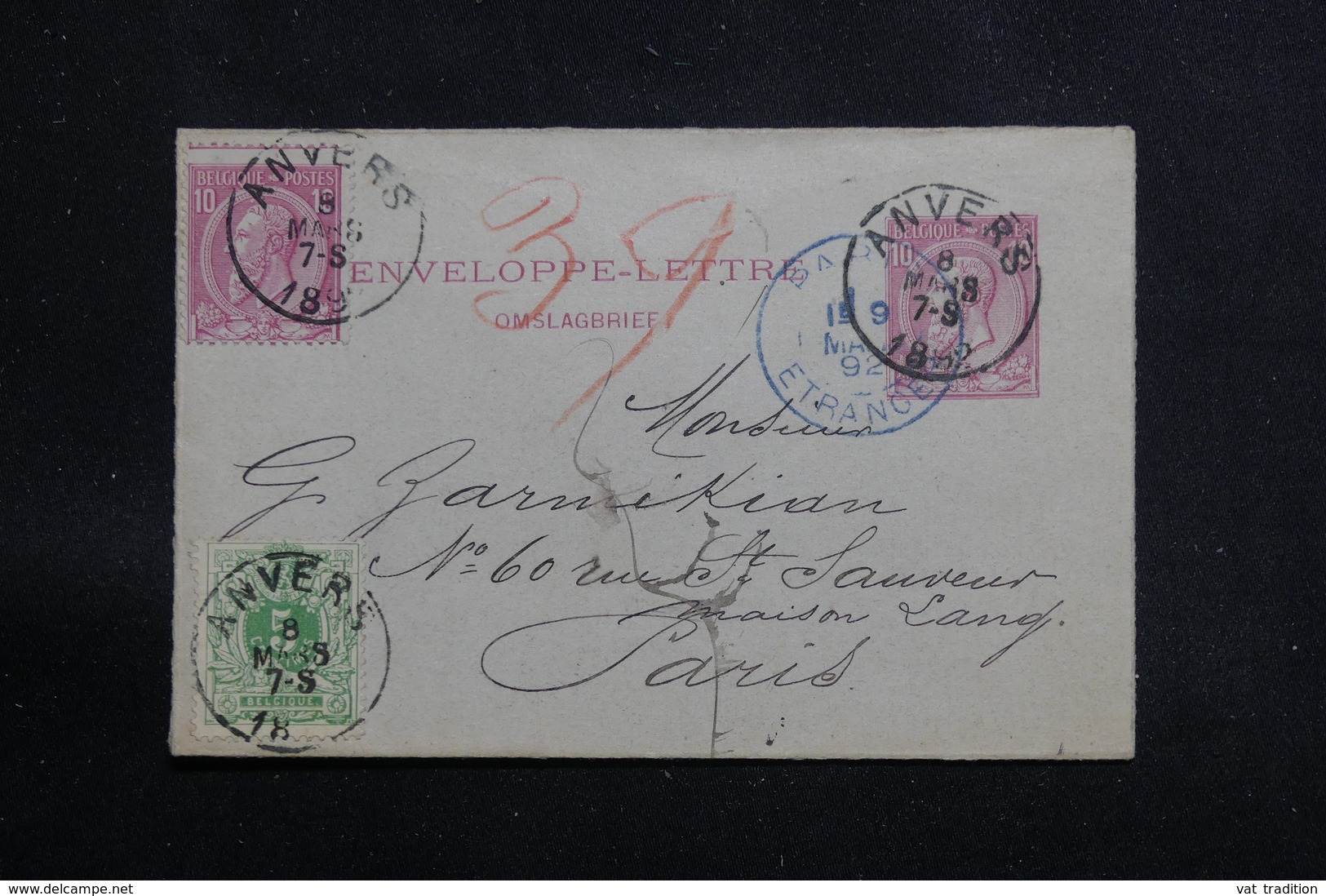 BELGIQUE - Entier Postal ( Enveloppe Lettre) + Compléments De Anvers Pour Paris En 1892 - L 61357 - Briefumschläge