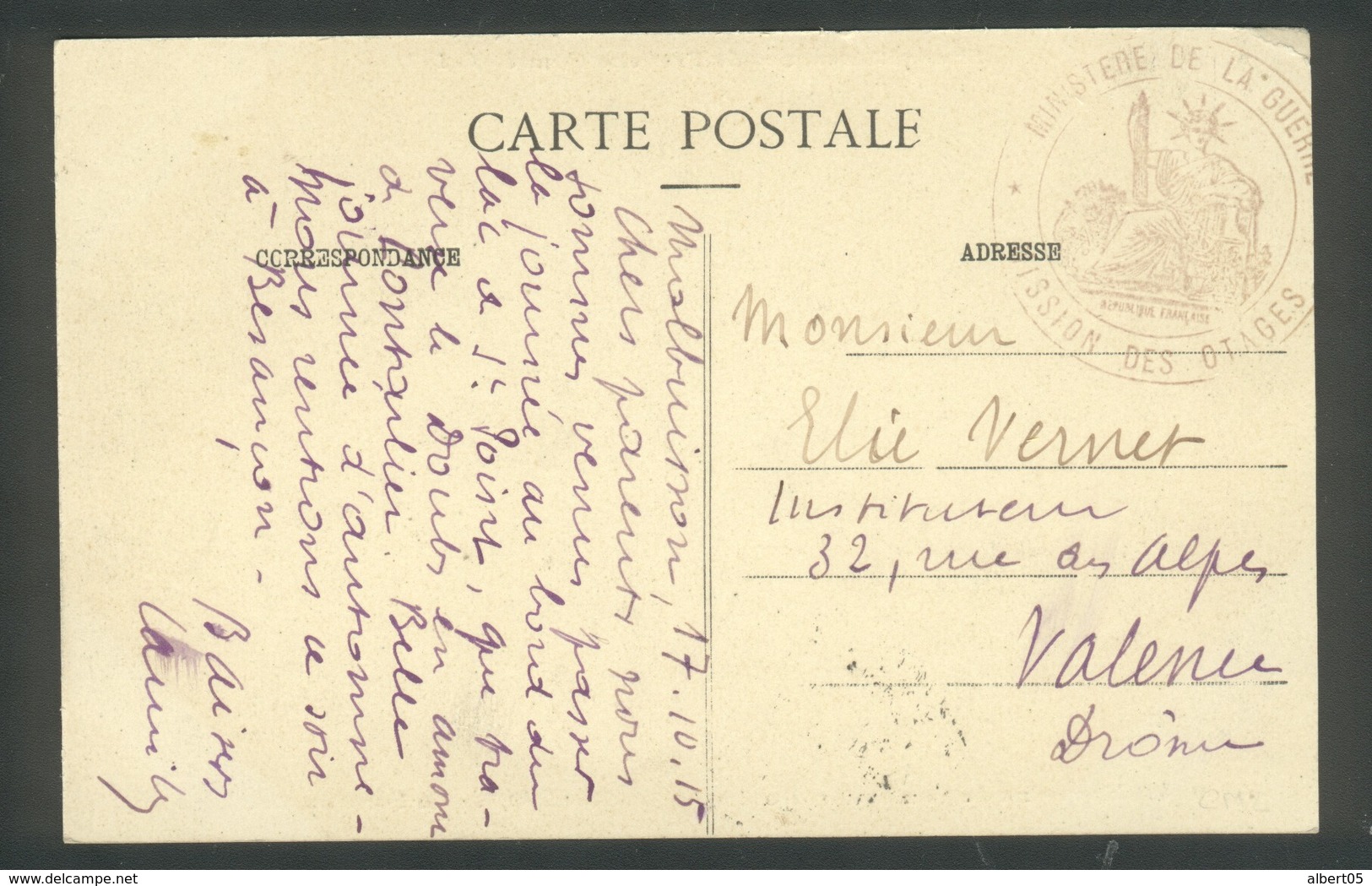 Cachet Ministère De La Guerre - Commission Des Otages - Malbuisson Au Bord Du Lac - 1. Weltkrieg 1914-1918