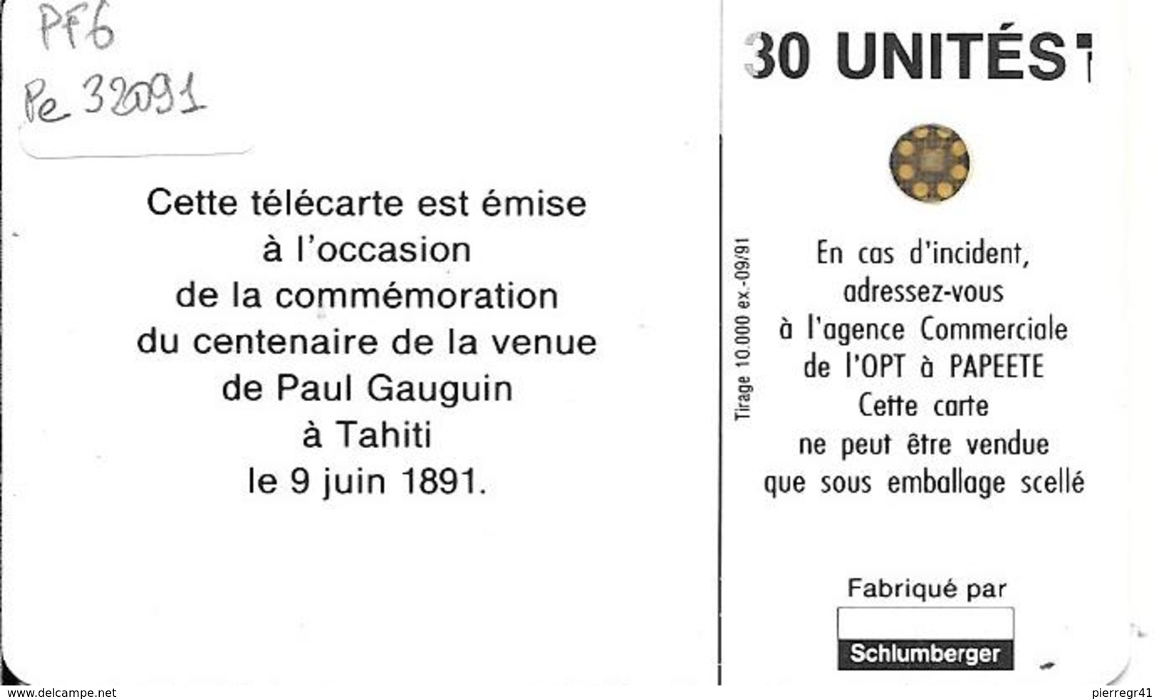 CARTE-PUCE-POLYNESIE-PF6 -SC4-30U-09/91-GAUGUIN-Les ORANGES-V° 5 Pe 32091-TBE- - Polynésie Française