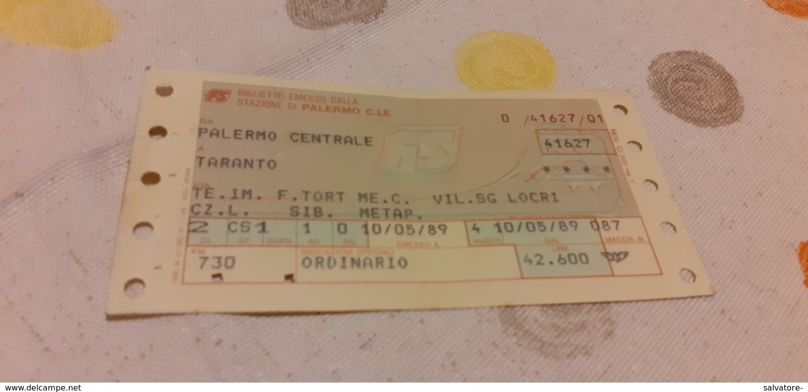 BIGLIETTO TRENO DA PALERMO CENTRALE A TARANTO 1989 - Europe